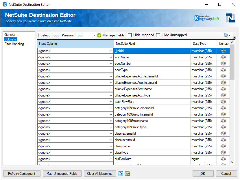 NetSuite ssis destination component coloumns